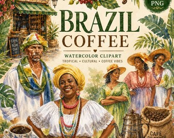 Brazil Coffee Watercolor Clipart: Tropical Cafe Culture PNG Bundle (Digital Download)