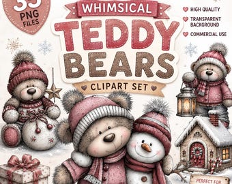 Winter Teddy Bear Clipart: Whimsical Christmas Animals PNG Bundle  (Digital Download)