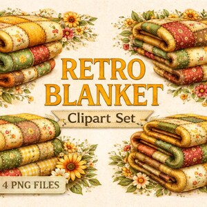Retro deken clipartset: gezellige patchwork quilts illustratiebundel voor scrapbooking crafts (digitale download)