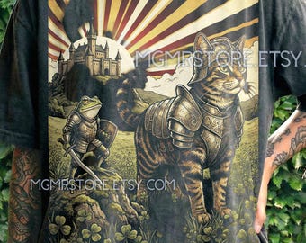Vintage Cat Knight Frog Comfort Colors®-t-shirt, middeleeuwse krijger T-shirts, trui fantasiedieren, retro jaren 90 pantser tanktop, natuurliefhebber