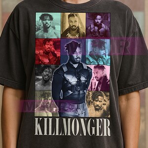 May include: Dark grey t-shirt with a collage of Killmonger images from Black Panther. The images are in different colours and styles. The word "KILLMONGER" is printed in white block letters at the bottom of the shirt.