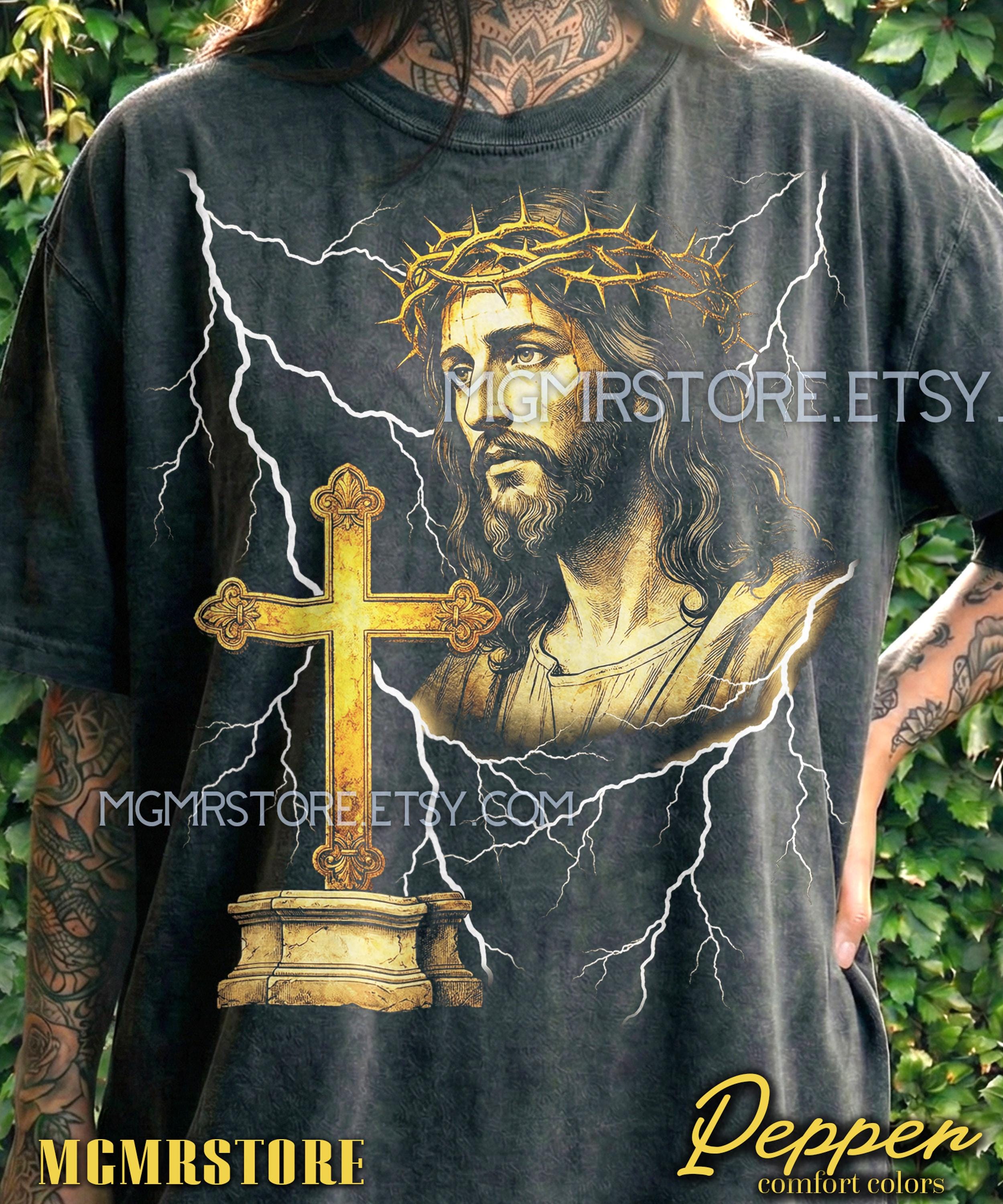 Vintage Art Jesus Cross 十字架 Tシャツ アート　90s Vintage Jesus Lightning Comfort Colors® Tshirt, 90S Graphic Tees