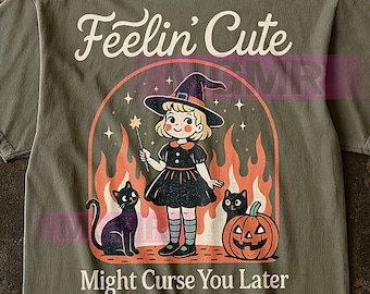 Camiseta "Feelin Cute Might Curse You Later", Halloween Retro Witch Black Cats, Gráfico de Calabaza Espeluznante, Regalo Otoñal de Bruja