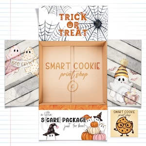 May include: A cardboard box with Halloween-themed graphics. The top flap reads TRICK OR TREAT with spiderwebs. The bottom flap says a little S{CARE} PACKAGE just for boo! with ghosts and pumpkins. The interior features SMART COOKIE print shop text.