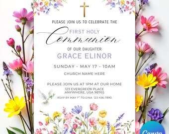 Digital First Communion Invitation, Printable Holy Communion Invite, Baptism Party Invite, Religious Cross, Editable Canva Template