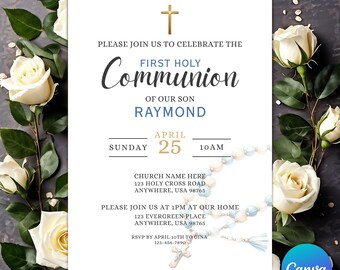 Boy First Communion Baptism Invitation Editable Template, Printable Holy Communion Invite, Religious Party, Canva Editable Template