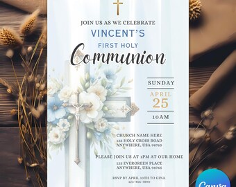 Boy First Communion Baptism Invitation Editable Template, Printable Holy Communion Invite, Catholic Party Invite, Canva Editable Template