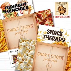 Könnte beinhalten: Zwei offene Pappschachteln mit dem aufgedruckten Text Smart Cookie print shop im Inneren. Die umgebenden Bilder zeigen Lebensmittelillustrationen wie einen Burger, Popcorn, Pommes frites, Nachos, Peperoni-Pizza und Kartoffelchips mit dem Text Midnight Munchies und Snack Therapy. Ein kleines quadratisches Logo zeigt einen gezeichneten Keks mit Brille.