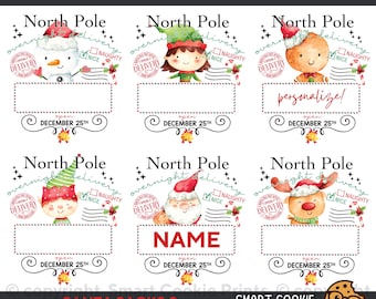 May include: Six digital art files for sublimation featuring North Pole designs. Each design includes a character such as a snowman, elf, or Santa Claus, with space for personalization. The text includes "Overnight Delivery," "Nice," and "December 25th."