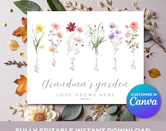 Oma's Garden geboortebloemenprint, gepersonaliseerd cadeau voor oma of moeder, geboortebloemboeket, volledig bewerkbaar, gepersonaliseerd cadeau