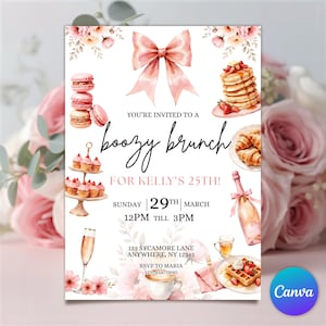 May include: A watercolor invitation for a "boozy brunch" with pink floral accents, a bow, and illustrations of food and drinks. The invitation is for Kelly's 25th birthday, on March 29th, from 12 PM to 3 PM.