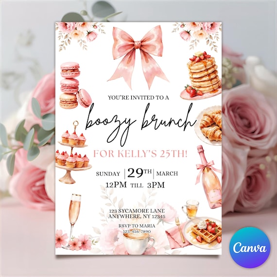 Boozy Brunch Invitation Template, Brunch Party Invite, Birthday Brunch Invite, Bachelorette Brunch, Bridal Shower, Editable Canva Template