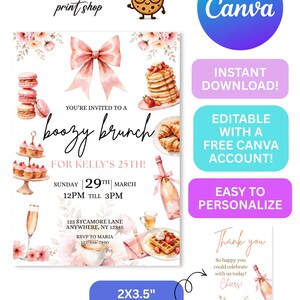 May include: A digital invitation for a boozy brunch, featuring watercolor illustrations of food and drinks. The invitation includes the text "boozy brunch" and details for Kelly's 25th birthday. Includes a bonus thank you tag.
