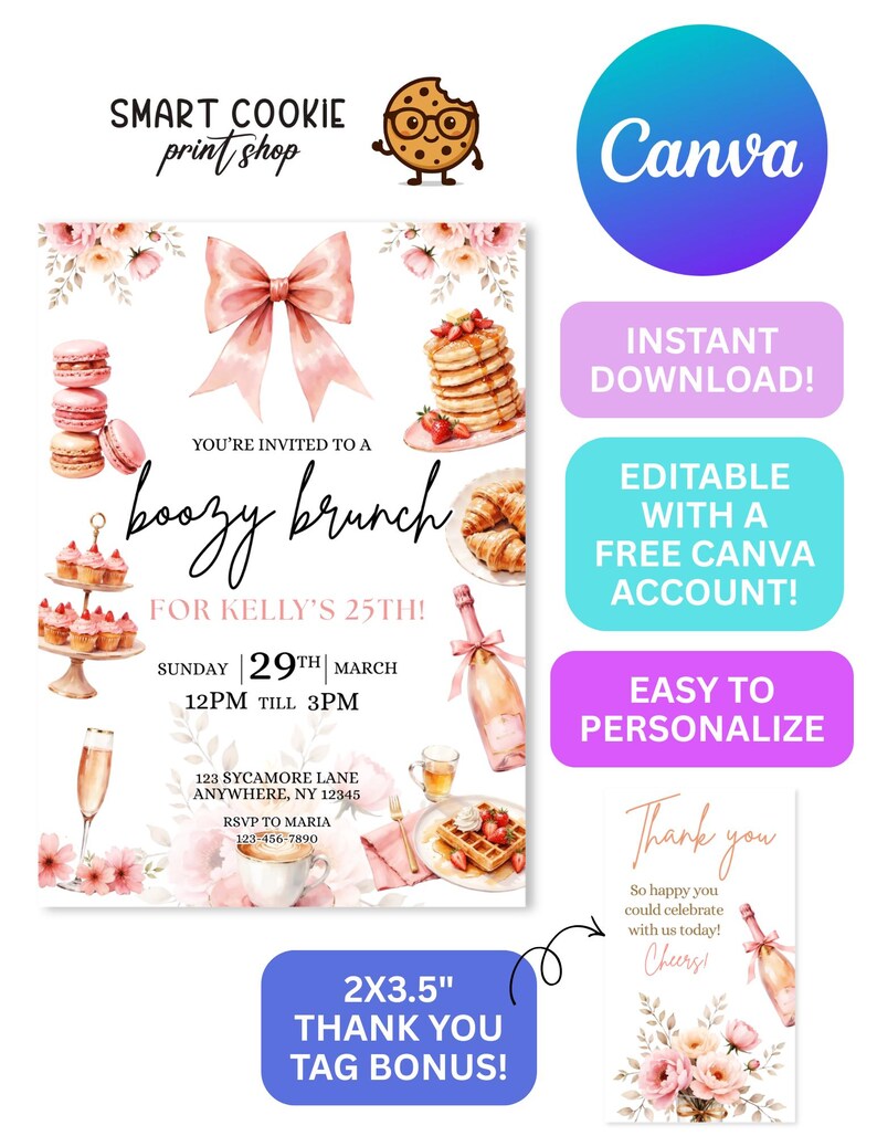 May include: A digital invitation for a boozy brunch, featuring watercolor illustrations of food and drinks. The invitation includes the text "boozy brunch" and details for Kelly's 25th birthday. Includes a bonus thank you tag.