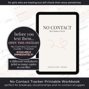 Op de afbeelding: Een digitale werkmap getiteld "No Contact" met een roze hartontwerp. De werkmap bevat een overlevingsgids en tracker, met werkbladen voor break-ups en no-contact situaties. De tekst zegt "Open dit in plaats daarvan!"