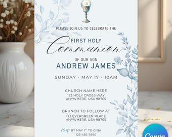 Digital First Communion Invitation Boy, Printable Holy Communion Invite, Baptism Party Invite, Religious Cross, Editable Canva Template