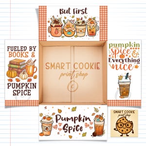 May include: An open cardboard box with autumn-themed illustrations. The box features images of pumpkin spice lattes, pumpkins, books, and fall leaves. Text includes "But First," "Fueled by Books & Pumpkin Spice," and "Pumpkin Spice & Everything Nice."