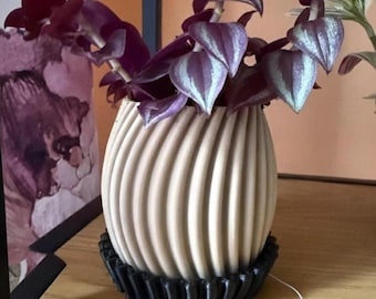 May include: A beige, ribbed ceramic planter with a black, scalloped base, holding a Wandering Jew plant. The plant has purple and silver striped leaves. A small tag reads "Handmade Planter & Plant."