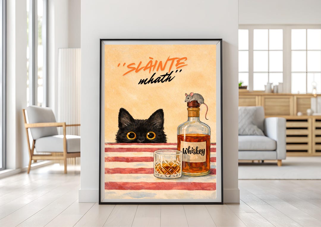 Black Cat Whiskey Poster Funny Cat Wall Art Print Cute Kitchen Decor ...