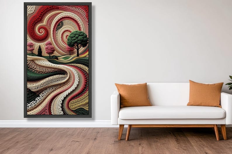 Abstract Crochet Landscape Canvas, Spiral Yarn Art, Handmade Style Wall Decor, Colorful Textile Canvas Art, Modern Home Decoration image 3