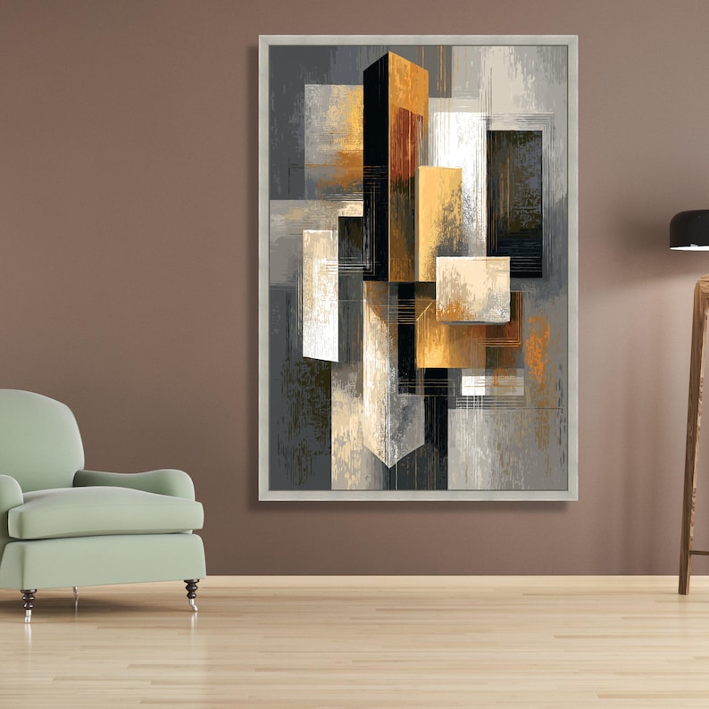 Modern Geometric Abstract Canvas Wall Art, Gold and Black Shapes ...