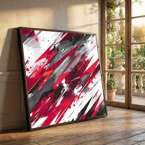 Tela astratta dinamica rossa e grigia, moderna arte murale geometrica, design audace, decorazione contemporanea per la casa, tela pronta da appendere