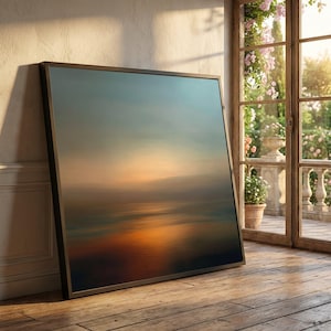 Lienzo de horizonte abstracto tranquilo, arte mural estilo Rothko, lienzo degradado de atardecer, decoración minimalista moderna para el hogar, lienzo de campos de color