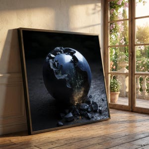 Cracked Digital Globe Canvas, Futuristic Binary Code Wall Art, Tech Abstract Canvas, Modern Home Decoration, Cyber Technology Design