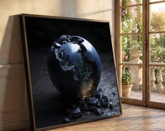 Cracked Digital Globe Canvas, Futuristic Binary Code Wall Art, Tech Abstract Canvas, Modern Home Decoration, Cyber Technology Design