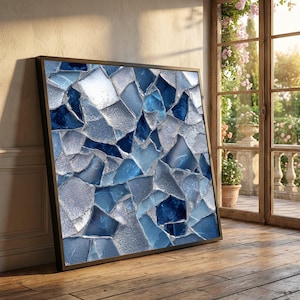 Arte de pared en lienzo abstracto de mosaico azul, diseño geométrico moderno de vidrio, decoración para el hogar en plata y azul marino, listo para colgar.