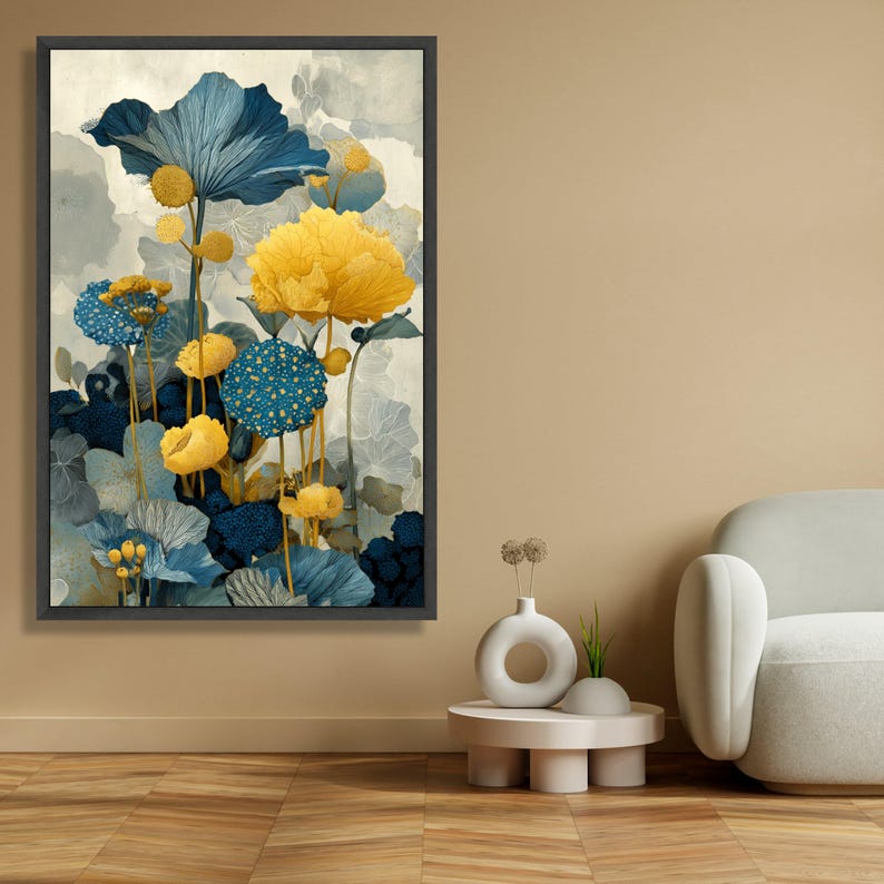 Modern Blue and Yellow Floral Canvas Wall Art, Abstract Botanical ...