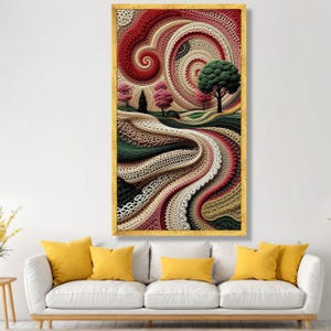 Abstract Crochet Landscape Canvas, Spiral Yarn Art, Handmade Style Wall Decor, Colorful Textile Canvas Art, Modern Home Decoration image 2