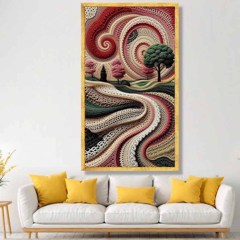 Abstract Crochet Landscape Canvas, Spiral Yarn Art, Handmade Style Wall Decor, Colorful Textile Canvas Art, Modern Home Decoration image 2