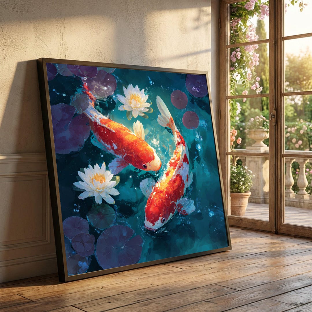 Vibrant Koi Fish Canvas, Water Lily Pond Art, Japanese Koi Carp Wall ...