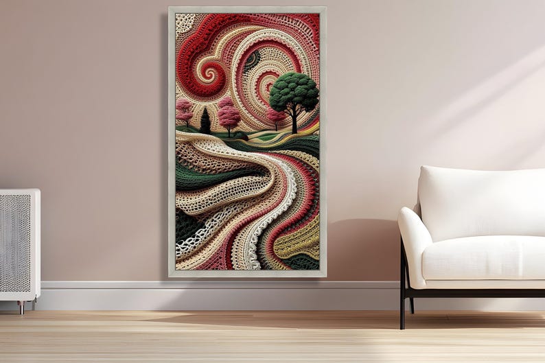 Abstract Crochet Landscape Canvas, Spiral Yarn Art, Handmade Style Wall Decor, Colorful Textile Canvas Art, Modern Home Decoration image 5