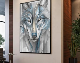 Abstract Wolf Face Canvas Wall Art, Modern Animal Portrait, Geometric Wildlife Decor, Blue and Gray Tones, Contemporary Canvas Art Print