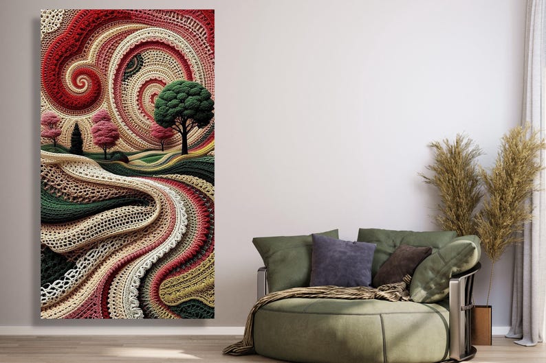 Abstract Crochet Landscape Canvas, Spiral Yarn Art, Handmade Style Wall Decor, Colorful Textile Canvas Art, Modern Home Decoration image 6