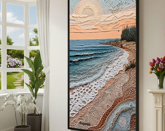 Intricate Ocean Shoreline Canvas Wall Art, Beach Scene, Sunset Seascape Canvas, Nature Coastal Decor, Handmade Style Canvas