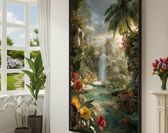 Tropical Waterfall Canvas Wall Art, Exotic Jungle Landscape, Vibrant Floral Botanical Canvas, Nature Home Decor, Butterfly Garden Scene