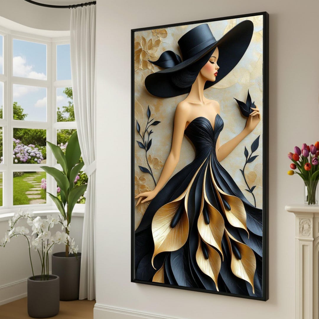 Elegant Woman in Black Hat Canvas, Gold Floral Dress Wall Art, Modern ...