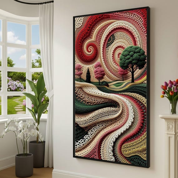 Abstract Crochet Landscape Canvas, Spiral Yarn Art, Handmade Style Wall Decor, Colorful Textile Canvas Art, Modern Home Decoration