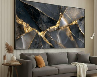 Luxurious Black and Gold Marble Canvas, Abstract Geometric Wall Art, Modern Home Decor, Elegant Stone Canvas, Ready to Hang Decoration