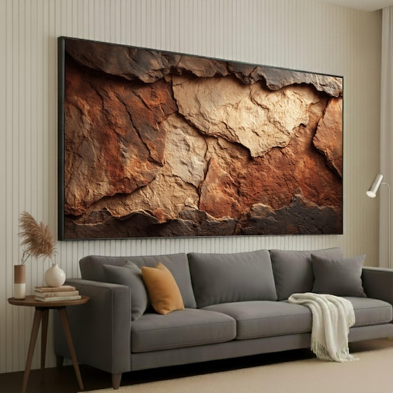 Rustic Earth Tone Stone Wall Canvas, Rock Surface Art, Natural Stone Canvas, Warm Neutral Home Decor, Modern Wall Art Design