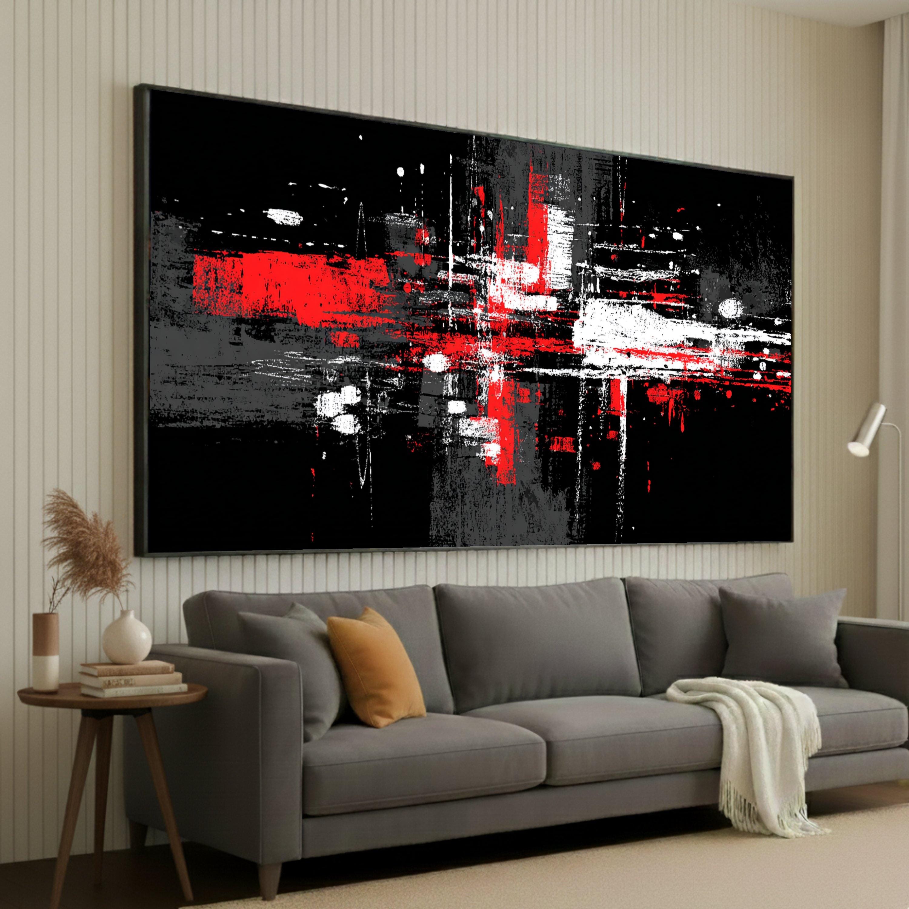 Bold Red and White Abstract Canvas, Modern Urban Wall Art, Black and ...