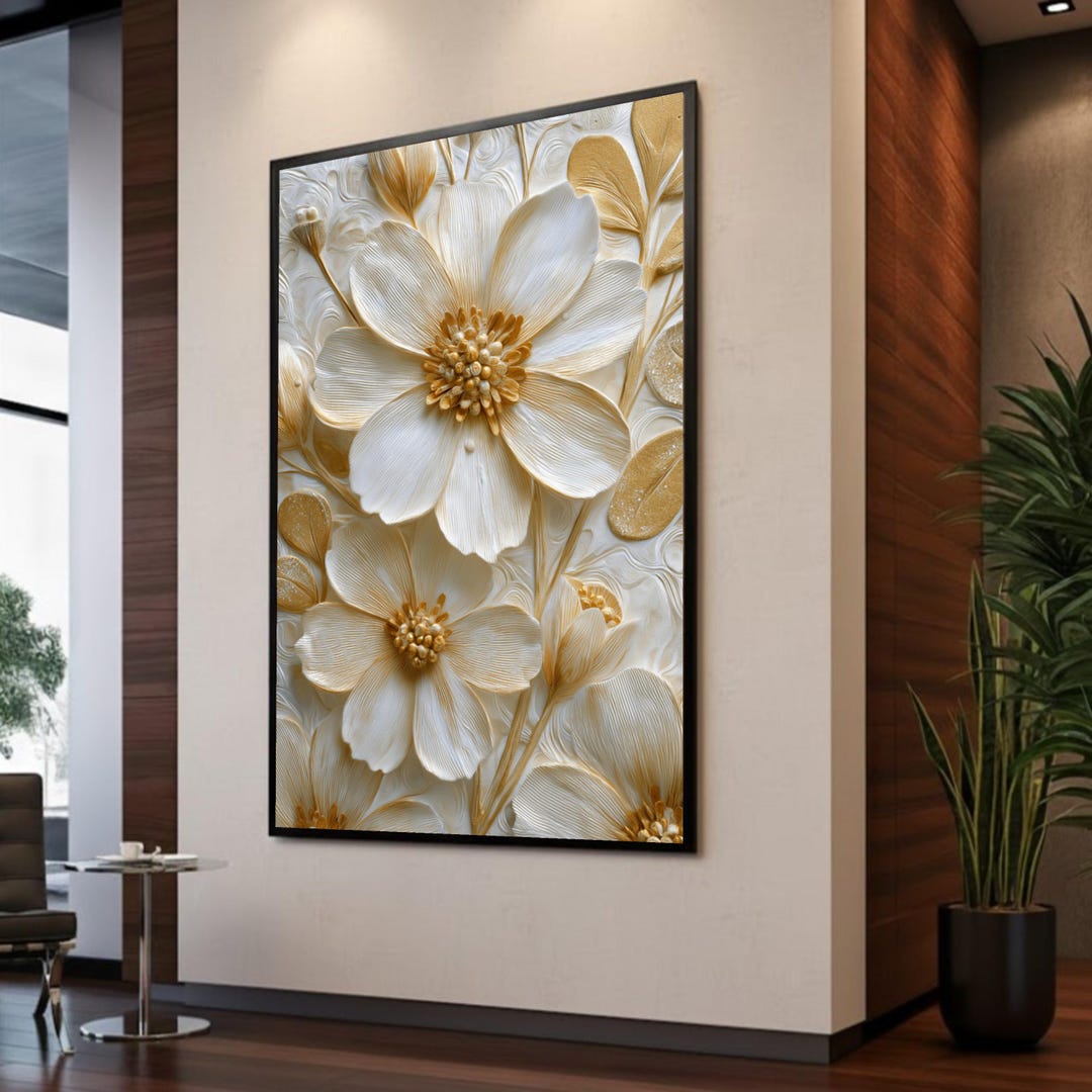 Elegant White and Gold Floral Canvas Wall Art, Flower Design, Modern ...