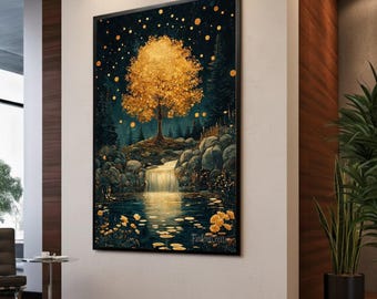 Golden Tree Waterfall Canvas, Magical Forest Landscape Wall Art, Illuminated Night Scene, Nature Reflection Canvas, Home Decor