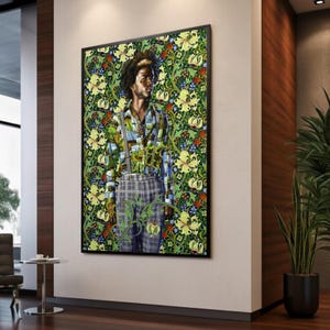 May include: A framed art print depicting a person in a patterned shirt, braces, and plaid trousers. The background is a vibrant floral design with yellow and green hues. The artwork is displayed in a modern interior setting.