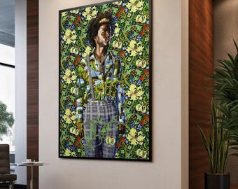 Portret na płótnie Kehinde Wiley, odważna sztuka ścienna z kwiatowym wzorem, współczesna sztuka afroamerykańska, żywe płótno dekoracyjne, wystrój domu