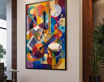 May include: Abstract art print featuring musical instruments in a colorful, geometric design. The artwork includes a violin, guitar, piano keys, and a drum, with musical notes scattered throughout. The color palette includes shades of blue, orange, yellow, and purple.
