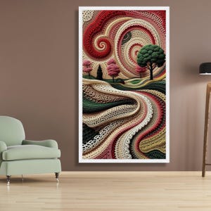 Abstract Crochet Landscape Canvas, Spiral Yarn Art, Handmade Style Wall Decor, Colorful Textile Canvas Art, Modern Home Decoration image 4